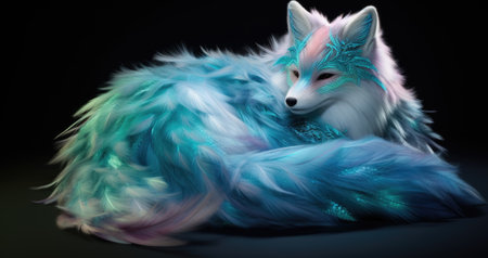 An animated fox with blue and pink fur, AIの素材
