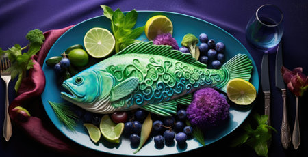 A plate with a fish on it with fruit and vegetables, AIの素材
