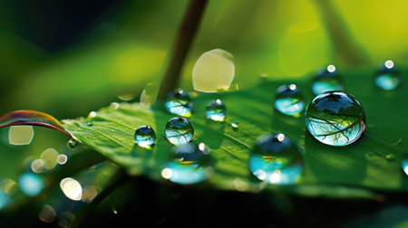 Water droplets on a green leaf, AIの素材