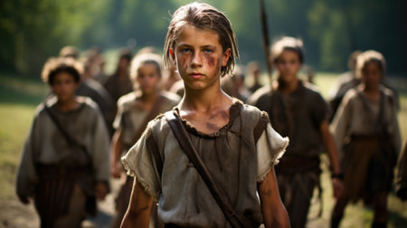 A young boy in a roman costume walking in a field, AIの素材
