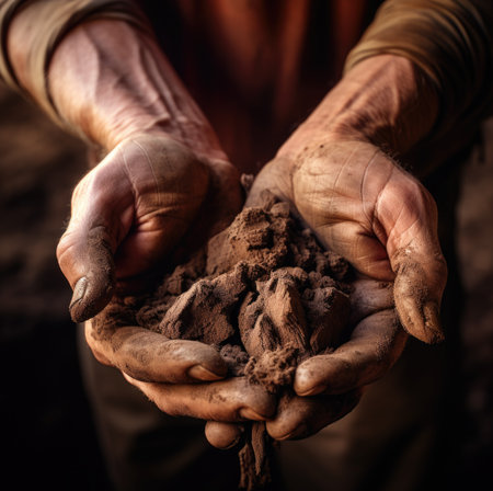 Hands of a man holding dirt, AIの素材