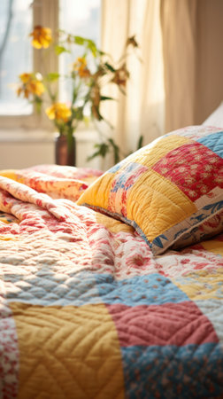 A bed with a quilt and pillows on it, AIの素材