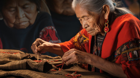 An older woman is sewing something on a table, AIの素材