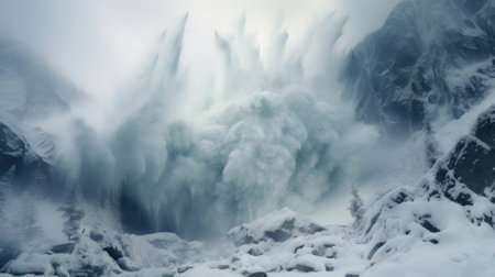 A large avalanche falling down at mountains, AIの素材