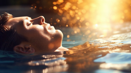 A man is floating in a pool with sunlight shining on him, AIの素材