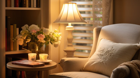 A white chair with a lamp on it, AIの素材