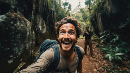 A man taking a selfie in the woods, AIの素材