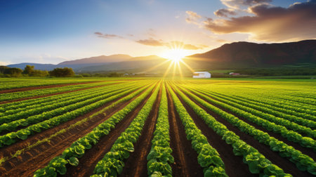 A field with green crops and sun shining, AIの素材