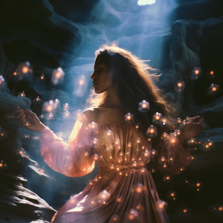 A woman in a dress is surrounded by light, AIの素材