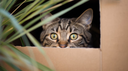 A cat peeking out from a cardboard box, AIの素材