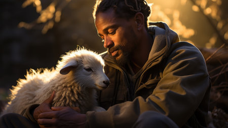 A man is holding a lamb in the sunlight, AIの素材