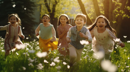 Happy children running in the park, AIの素材