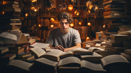 A young man sitting in front of a pile of books, AIの素材