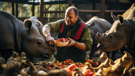 A man feeding some rhinos with some fruit, AIの素材