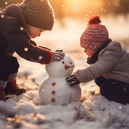 Two children playing with a snowman in the snow, AIの素材