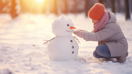 A young girl is making a snowman in the snow, AIの素材