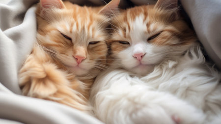 Two cats are sleeping together on a blanket, AIの素材