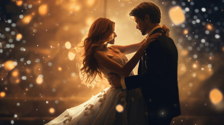 A man and woman in wedding dress are standing in front of a lighted background, AIの素材