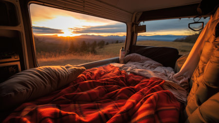 A bed in the back of a van with the sun setting, AIの素材