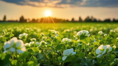 A field of green and white flowers at sunset, AIの素材