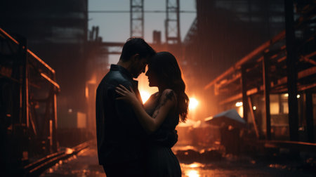 A couple embracing in the rain at night, AIの素材