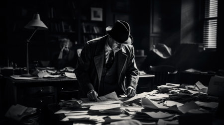 A man in a hat and coat is looking at papers, AIの素材