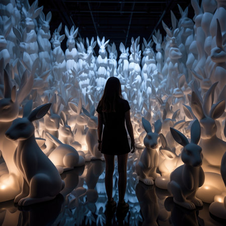 A woman standing in front of a large group of white rabbits, AIの素材