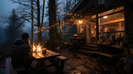 A woman sits at a table with a fire in front of her cabin, AIの素材