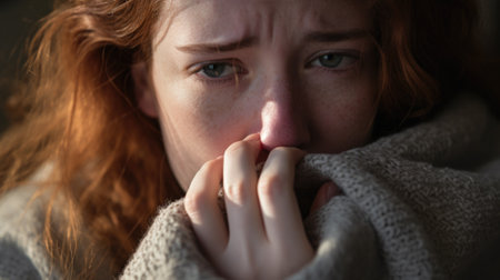A woman is covered in a blanket and holding her face, AIの素材