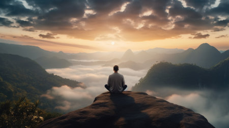 Man sitting on top of a mountain at sunset, AIの素材