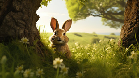 A rabbit is sitting in the grass near a tree, AIの素材