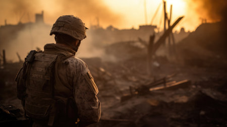 A soldier stands in front of a burning building, AIの素材
