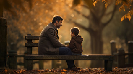 A man and his son sitting on a bench in the autumn, AIの素材
