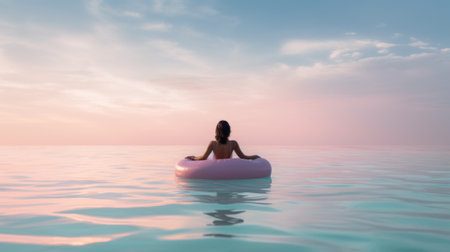 A woman sitting on an inflatable raft in the ocean, AIの素材
