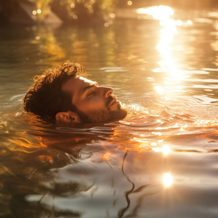A man floating in a pool with the sun shining on him, AIの素材