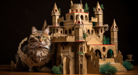 A cat sitting in front of a castle made out of cardboard, AIの素材