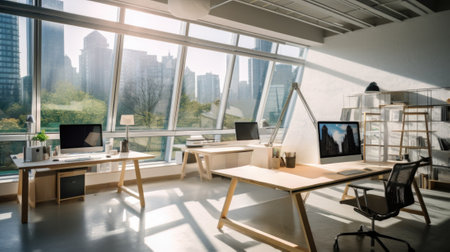 An office with a desk and computer in front of a window, AIの素材