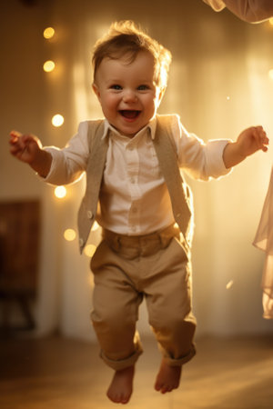 A baby in a vest is jumping in the air, AIの素材