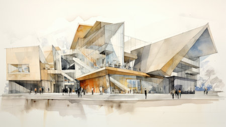 A watercolor drawing of a building with people walking around, AIの素材