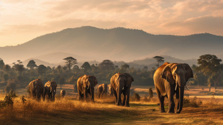 A herd of elephants walking across a field, AIの素材