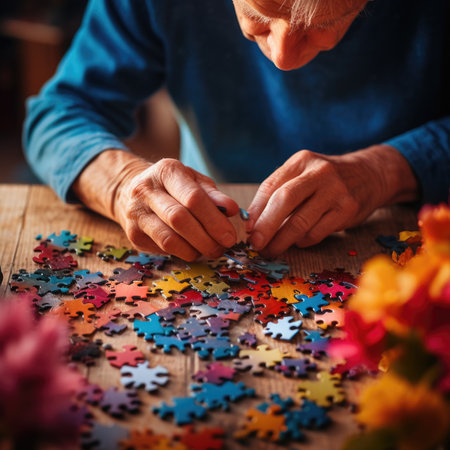 Senior man putting puzzle together on wooden table, AIの素材