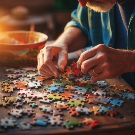 An elderly man is putting together a puzzle, AIの素材