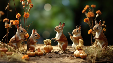 Miniature squirrels sitting on a table with flowers, AIの素材