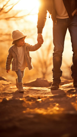 A man and child walking on a path at sunset, AIの素材