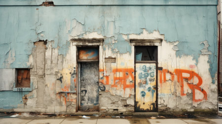 A building with graffiti on it and peeling paint, AIの素材