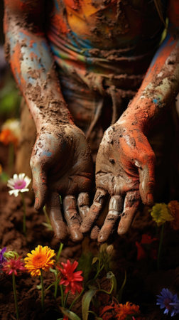 A person covered in mud with flowers in the background, AIの素材