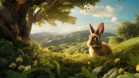 A rabbit sitting in the grass near a tree, AIの素材