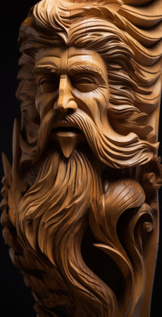 A wooden sculpture of a man with a beard and long hair, AIの素材