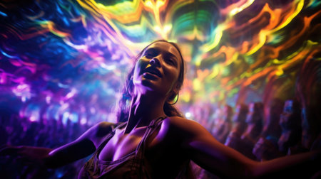 A woman in a colorful dress is dancing in front of a crowd, AIの素材