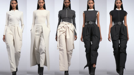 A collection of four different models wearing white and black outfits, AIの素材